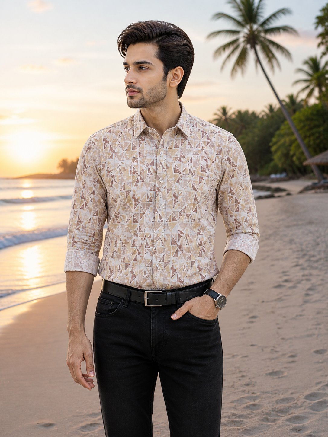 Men’s Light Brown Premium Full Sleeve Printed Shirt