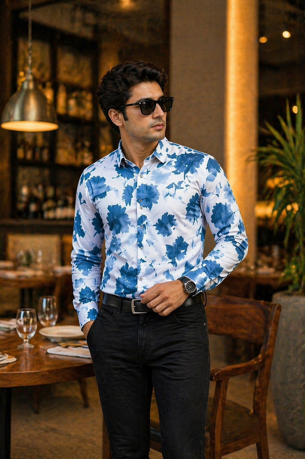 Men’s Premium Leaf Blue Full Sleeve Printed Shirt