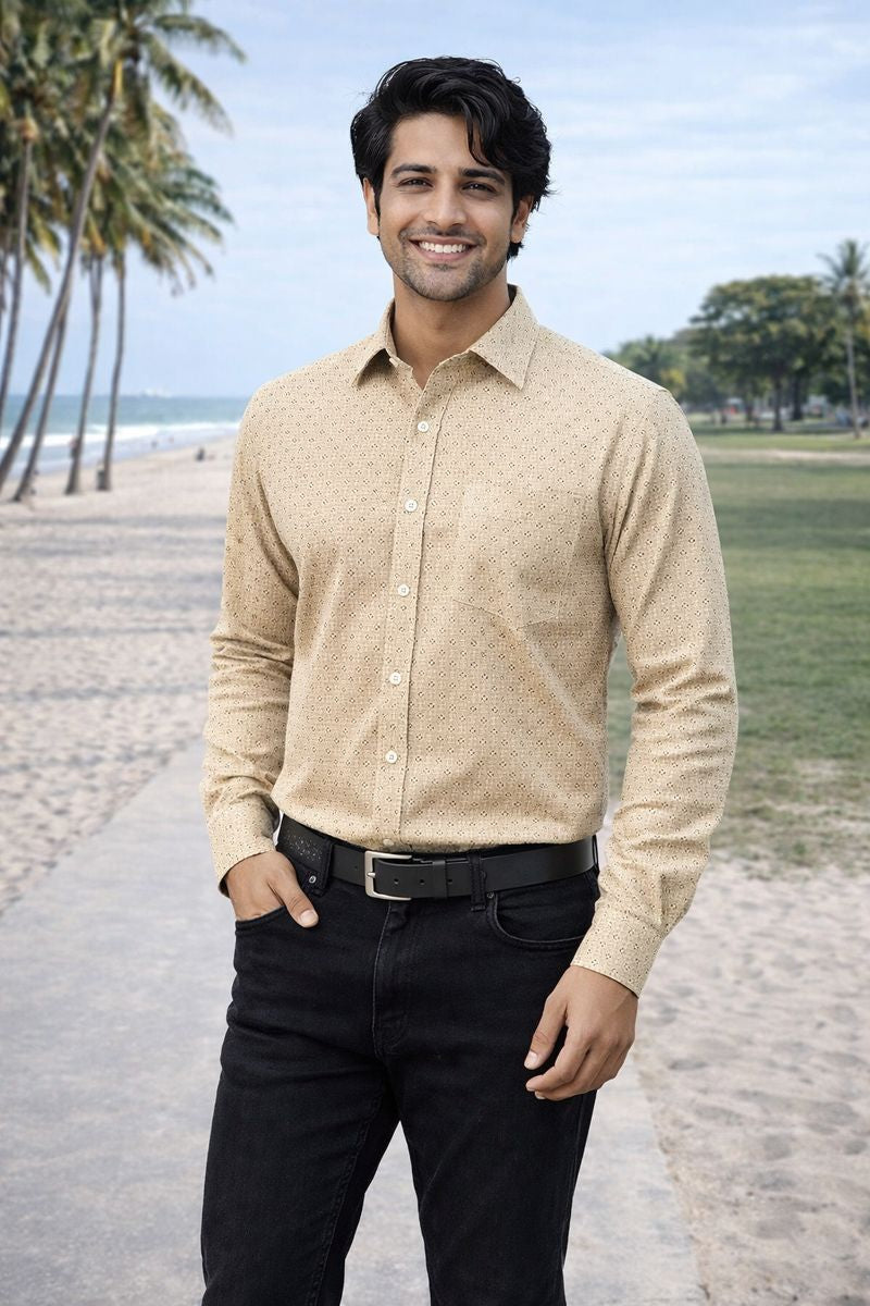Men’s Light Brown Full Sleeve Printed Shirt with Pocket
