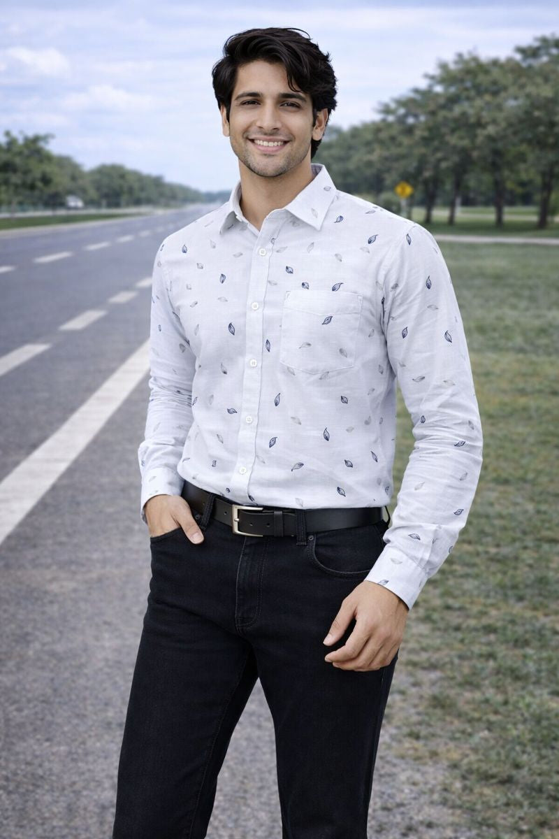 Men’s White Full Sleeve Printed Shirt with Pocket