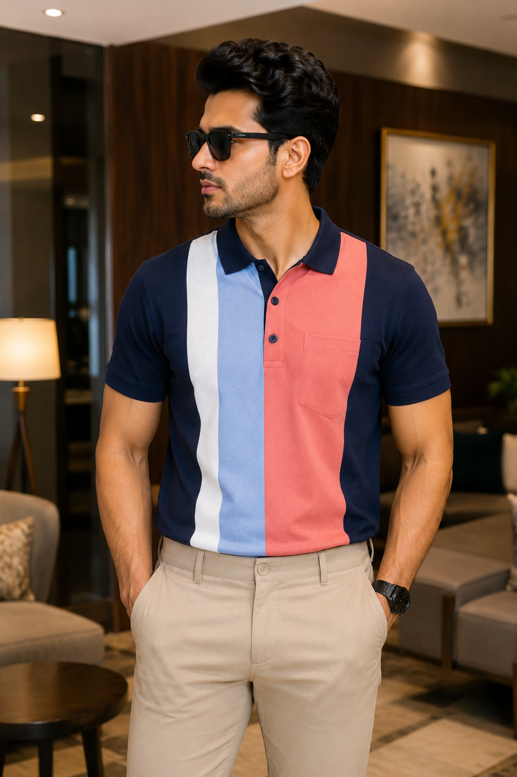 Men's Pink & Blue Striped Polo T-Shirt with Chest Pocket
