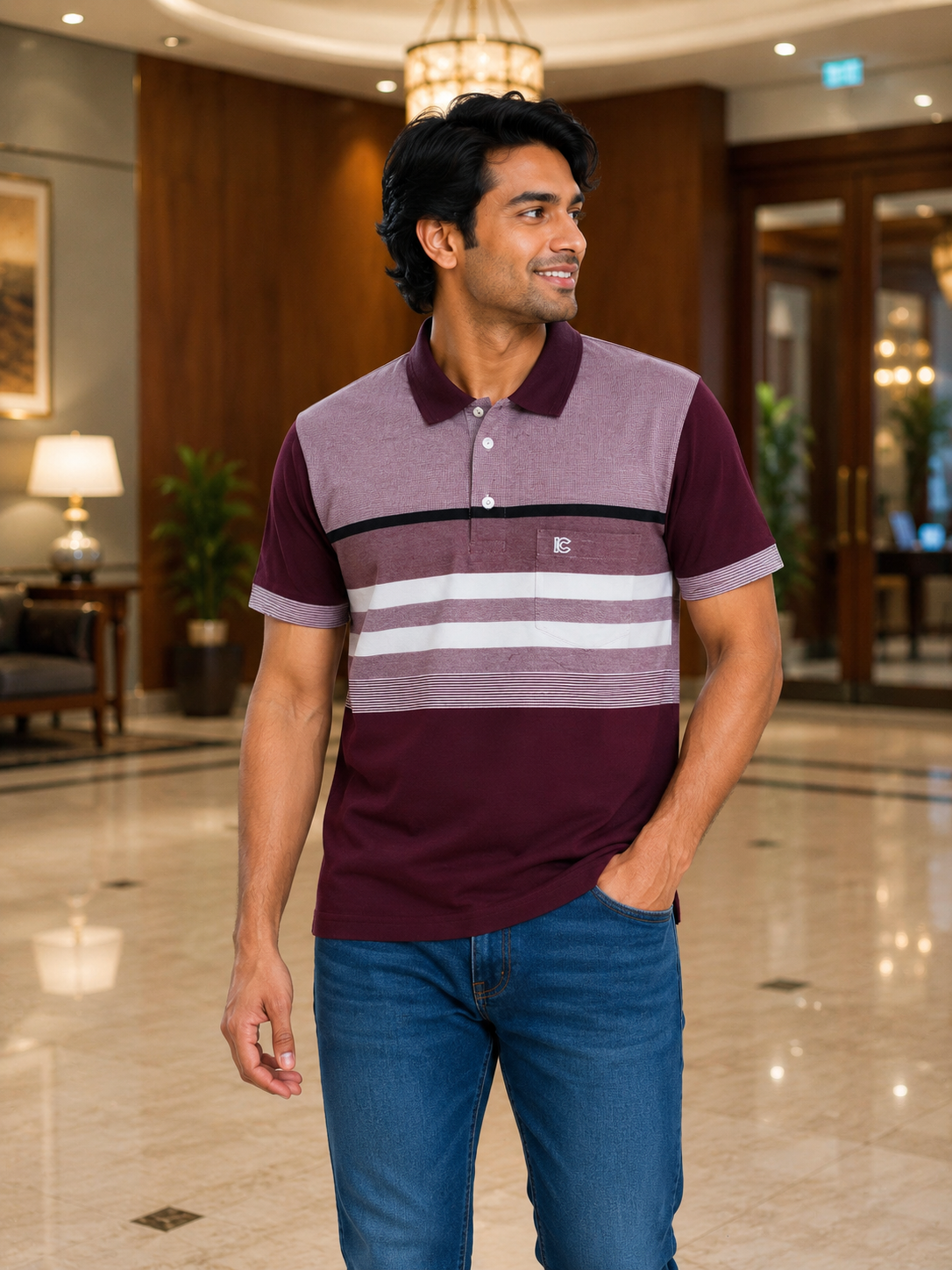 Men’s Maroon & Black Striped Polo T-Shirt – Half Sleeve Cotton Casual Wear