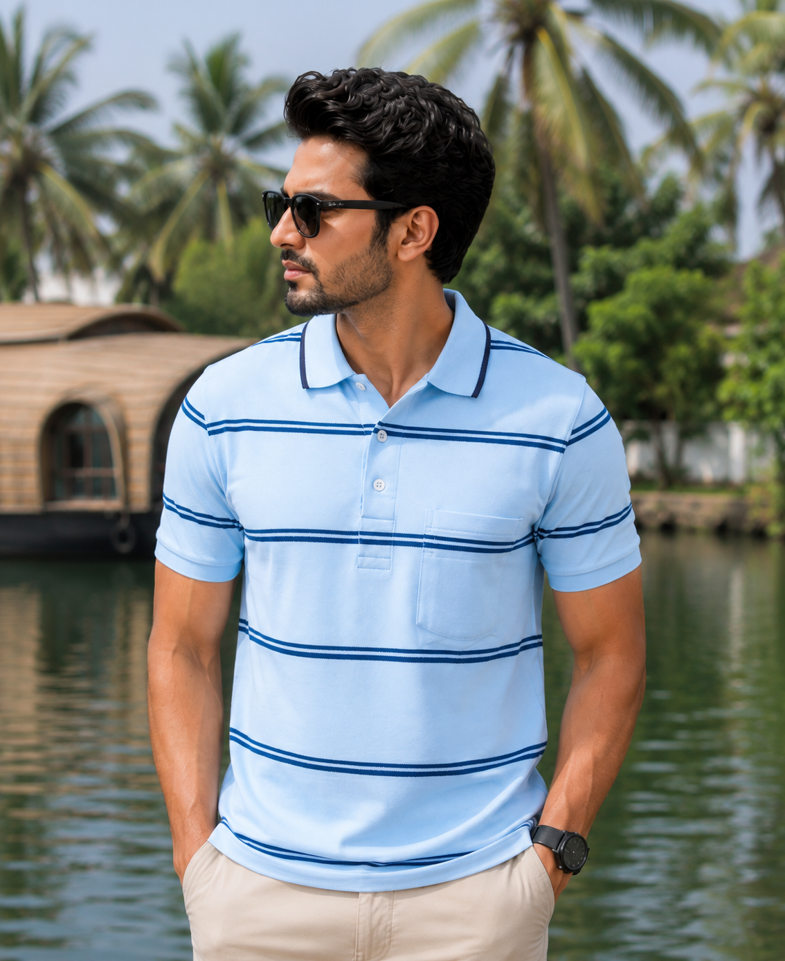 Men's Blue Striped Polo T-Shirt with Chest Pocket