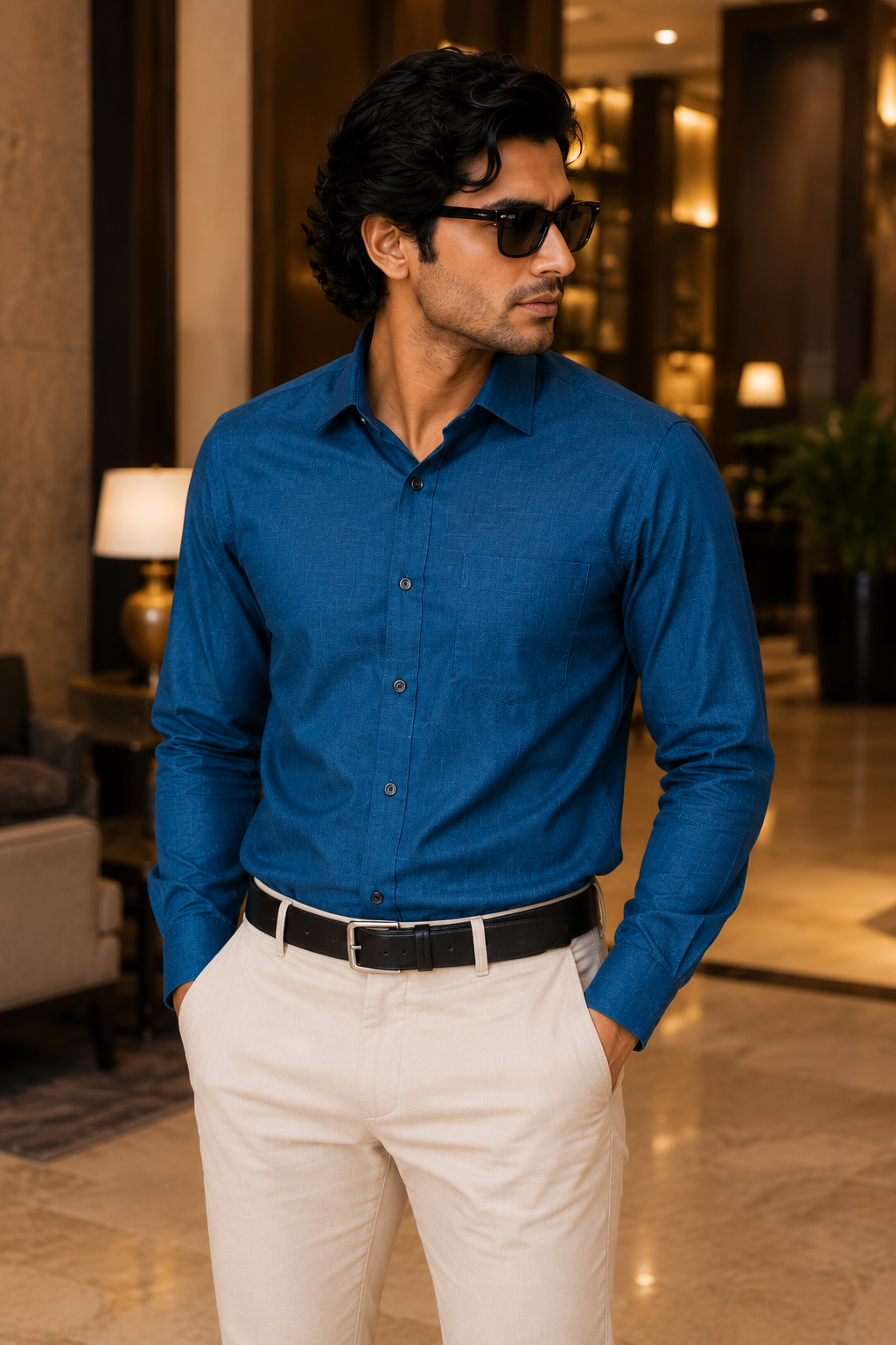 Men's Dark Blue Solid Full Sleeve Cotton Shirt