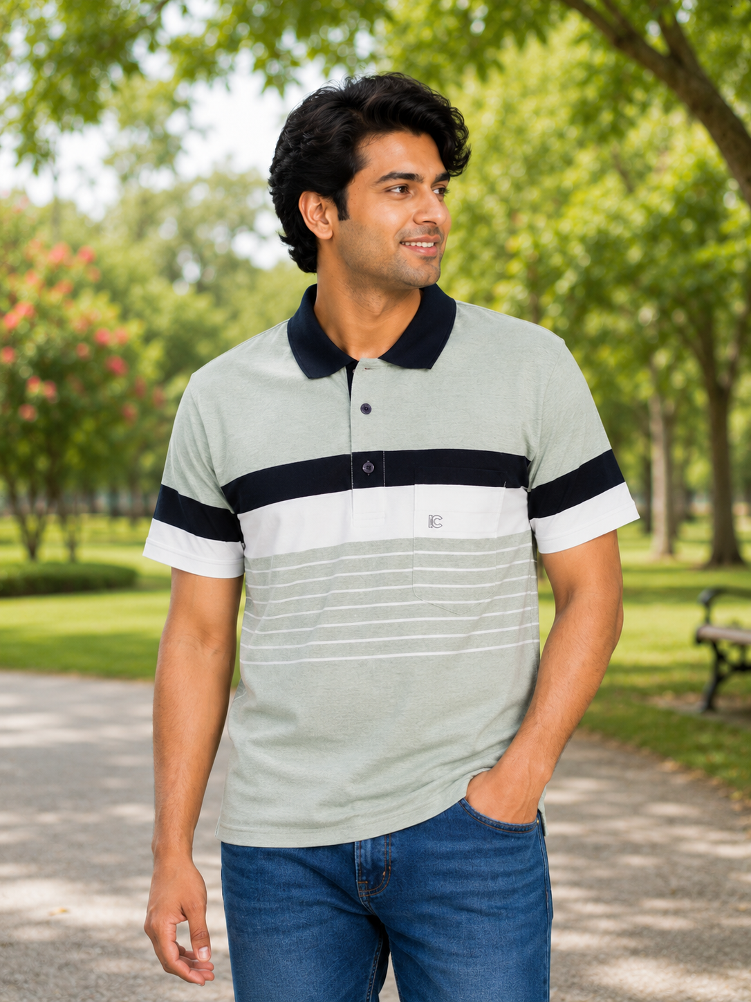 Men’s Green & White Striped Polo T-Shirt – Half Sleeve Cotton Casual Wear