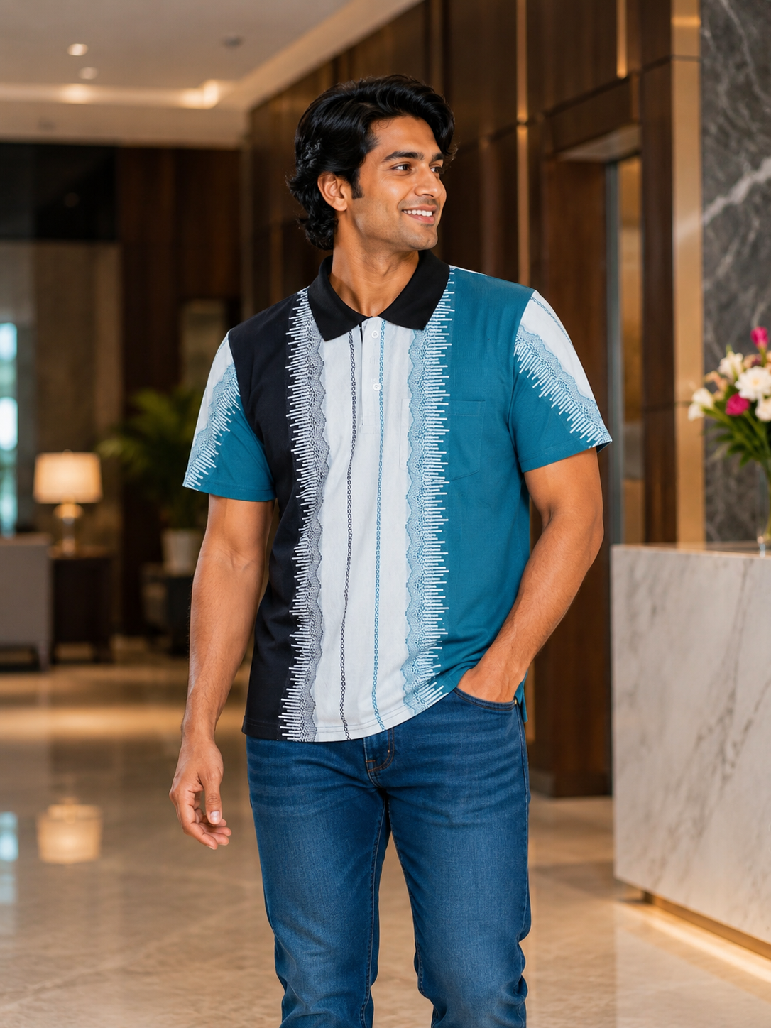 Men’s Black, White & Blue Polo T-Shirt – Half Sleeve Cotton Casual Wear