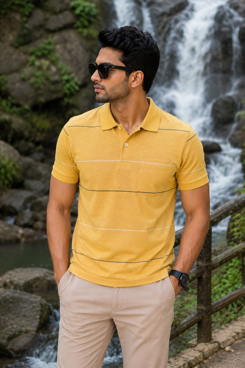 Men's Yellow Striped Polo T-Shirt with Chest Pocket