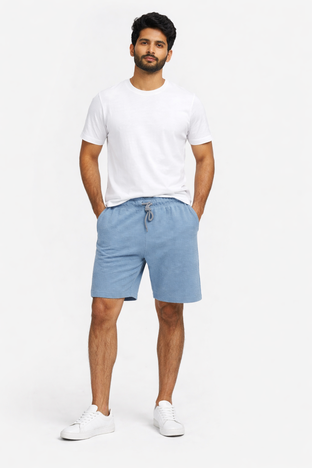 Men’s Blue Textured Casual Shorts – Elastic Waist Drawstring | Summer Comfort Fit Shorts