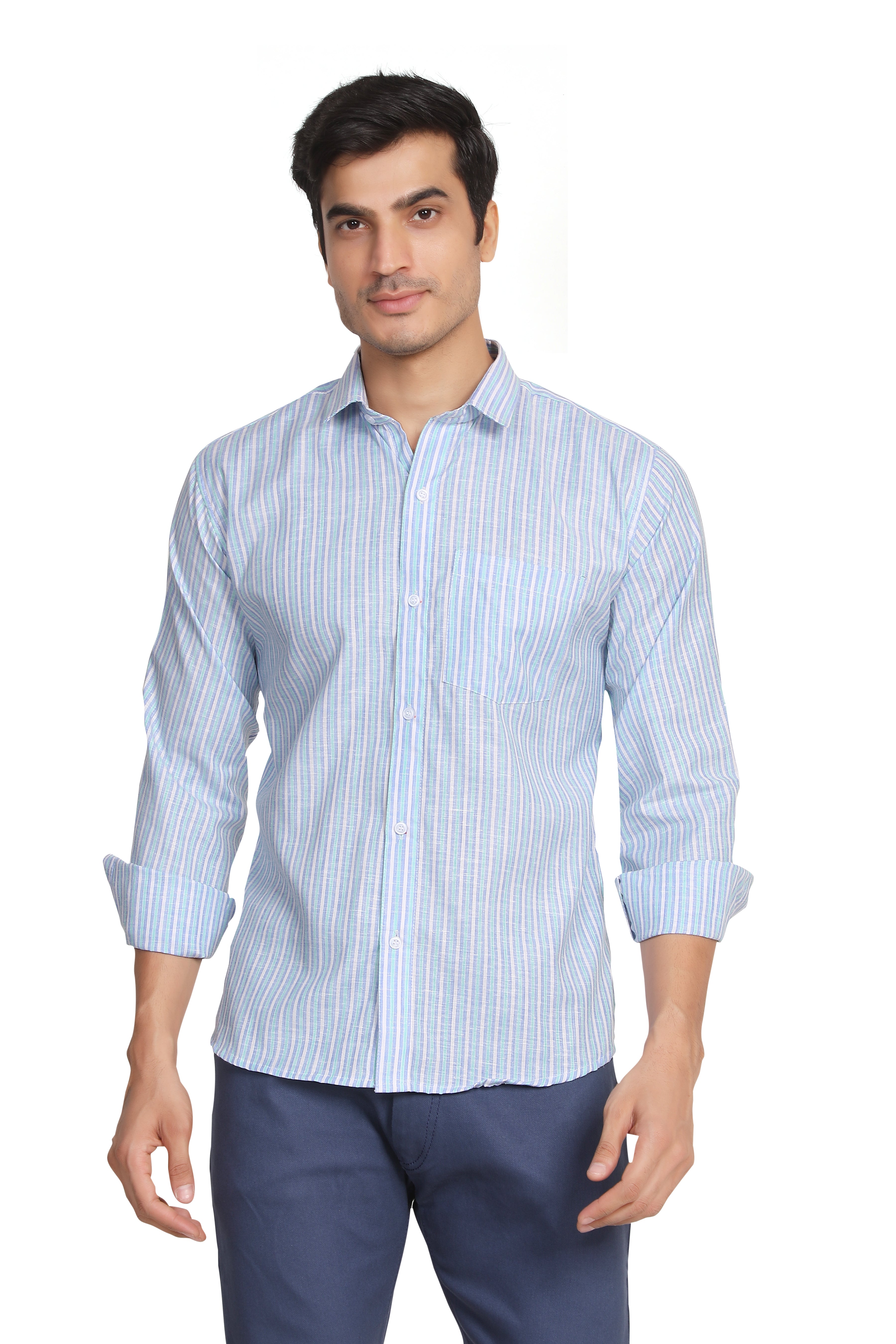 Men’s Blue & Green Striped Full Sleeve Shirt