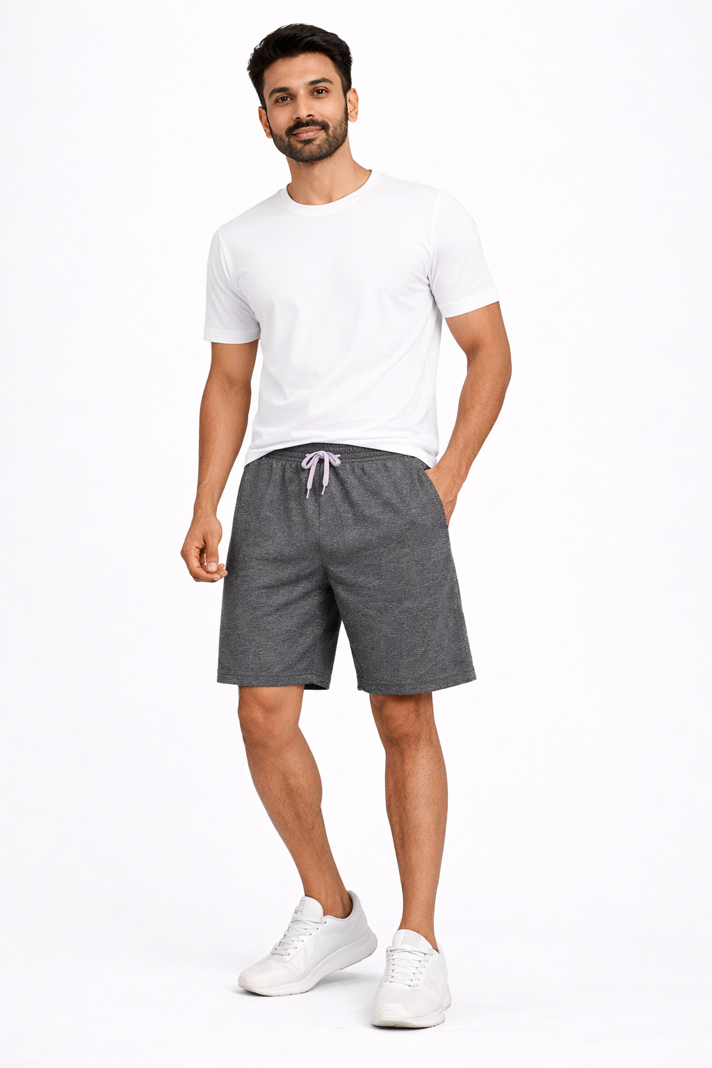 Men’s Grey Textured Casual Shorts – Elastic Waist Drawstring | Summer Comfort Fit Shorts