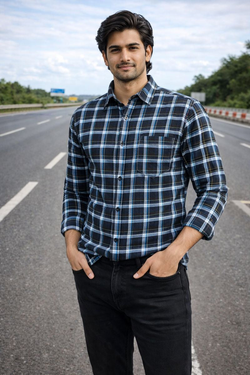 Men’s Black & Blue Full Sleeve Checked Shirt with Chest Pocket
