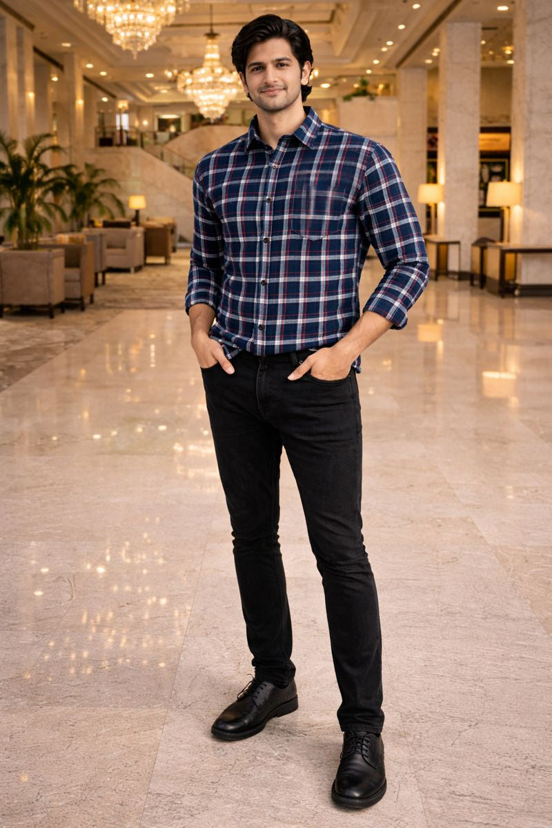 Men’s Navy Blue & Red Full Sleeve Checked Shirt with Chest Pocket