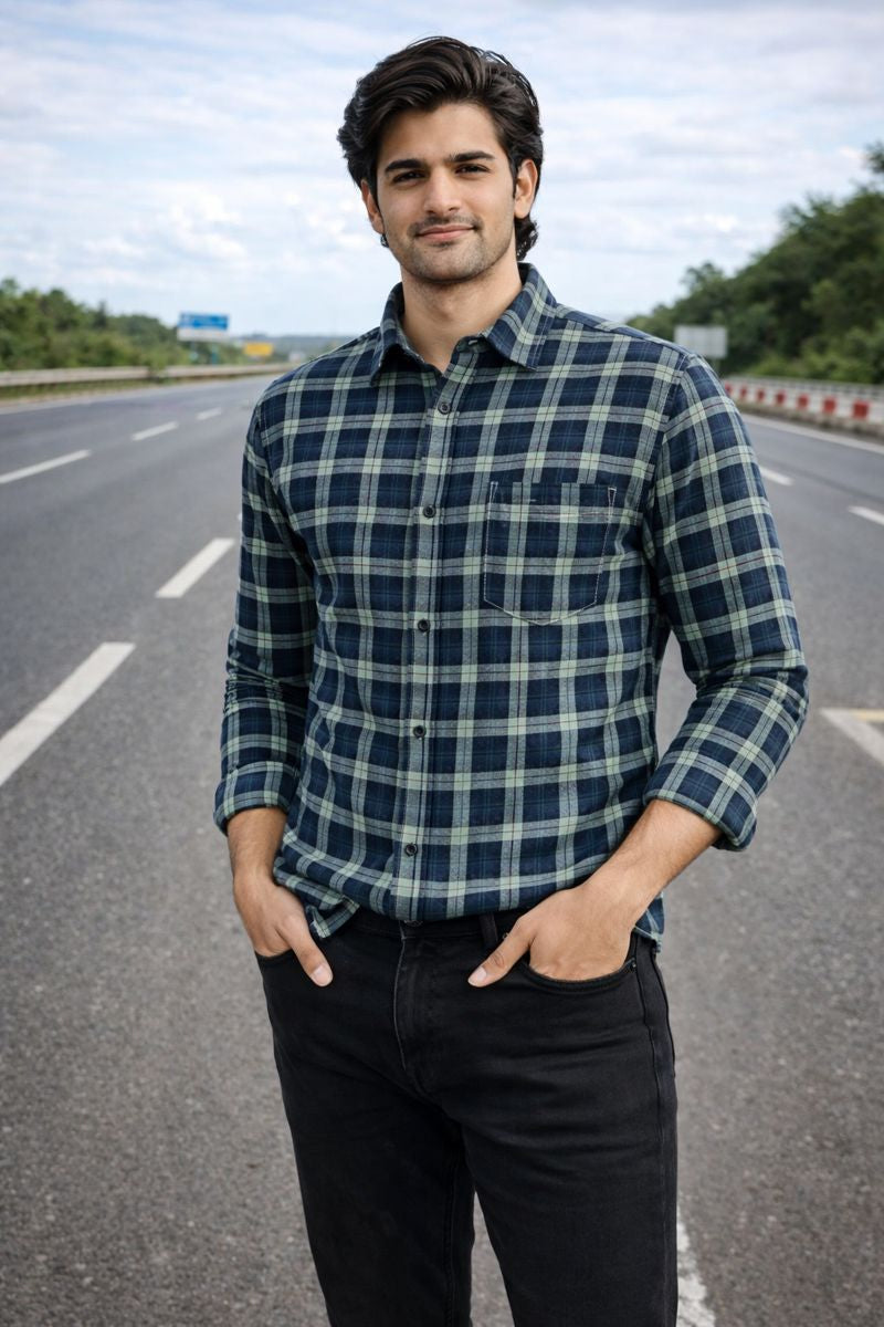 Men’s Navy Blue & Green Full Sleeve Checked Shirt with Chest Pocket