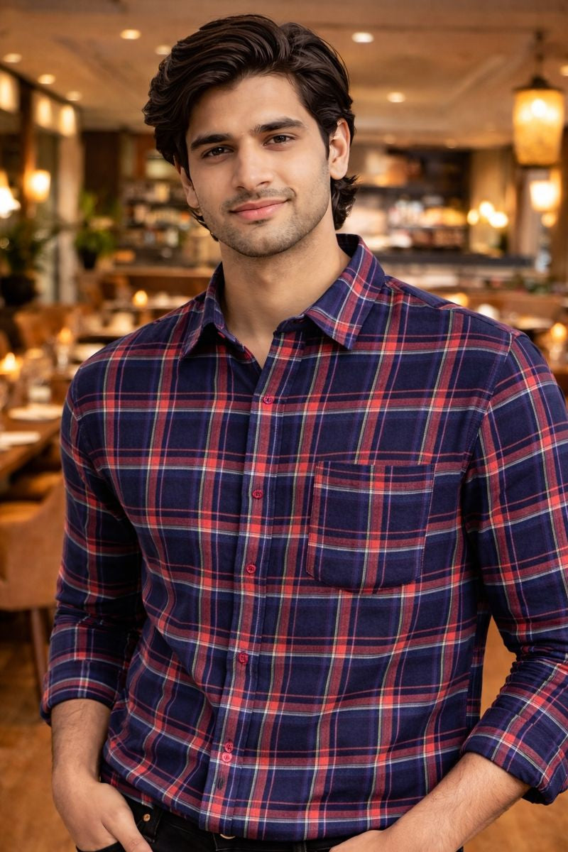Men’s Red & Black Full Sleeve Checked Shirt with Chest Pocket