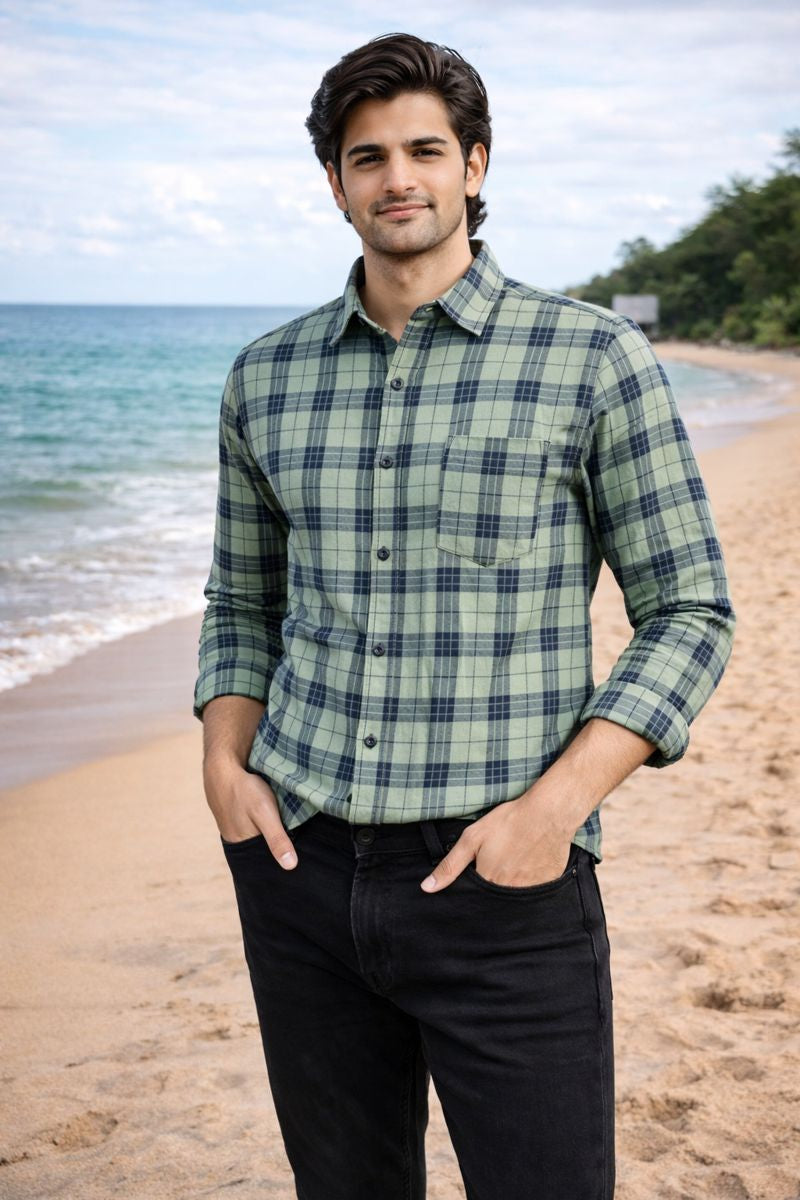 Men’s Green & Black Full Sleeve Checked Shirt with Chest Pocket