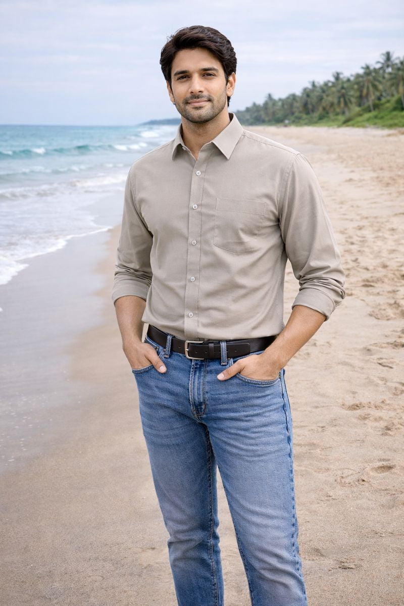 Men’s Beige Full Sleeve Solid Casual Shirt