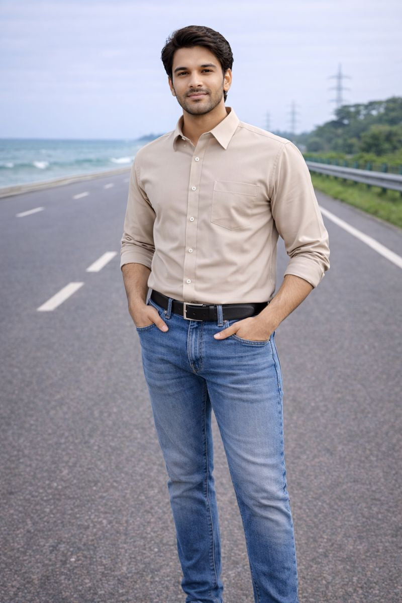 Men’s Cream Full Sleeve Solid Casual Shirt