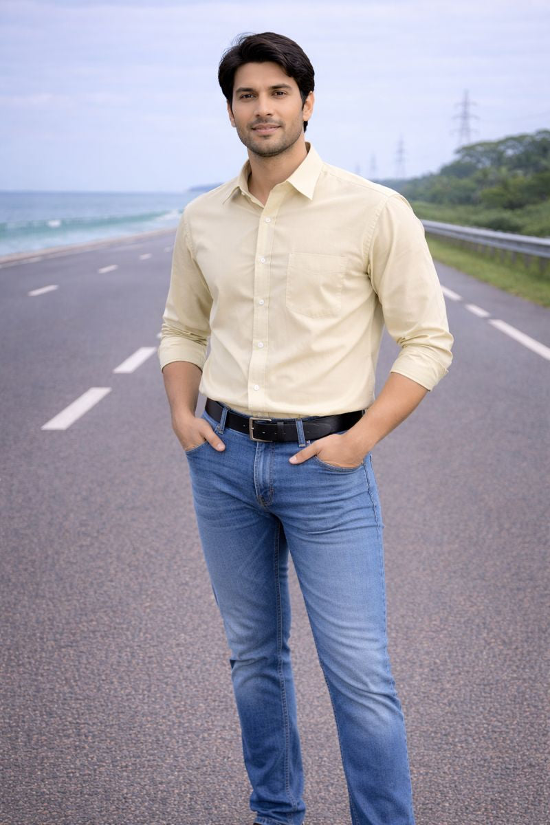 Men’s Light Yellow Full Sleeve Solid Casual Shirt