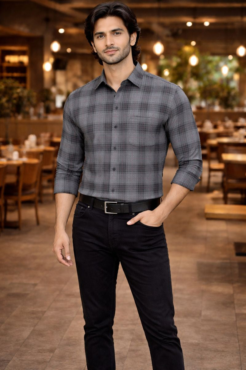 Men’s Ash & Red Checked Full Sleeve Shirt