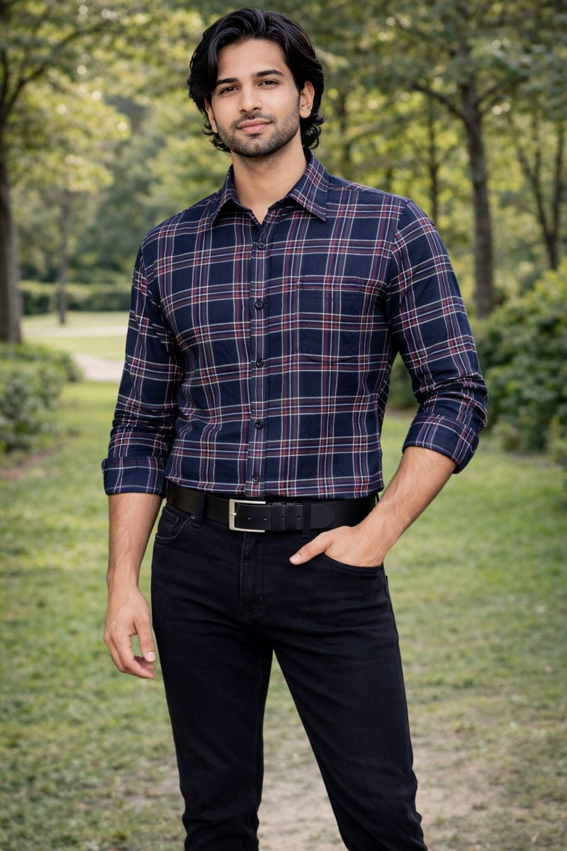 Men’s Navy & Red Checked Full Sleeve Shirt