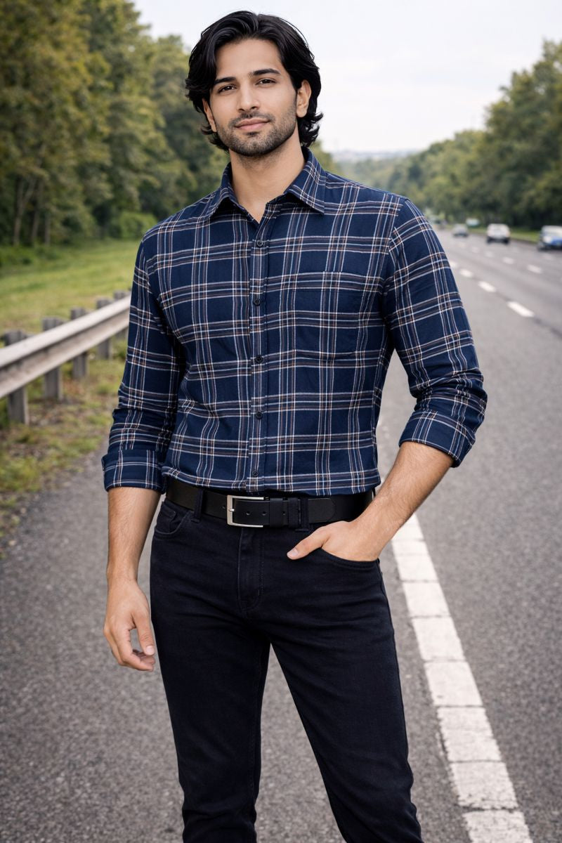 Men’s Navy & Grey Checked Full Sleeve Shirt