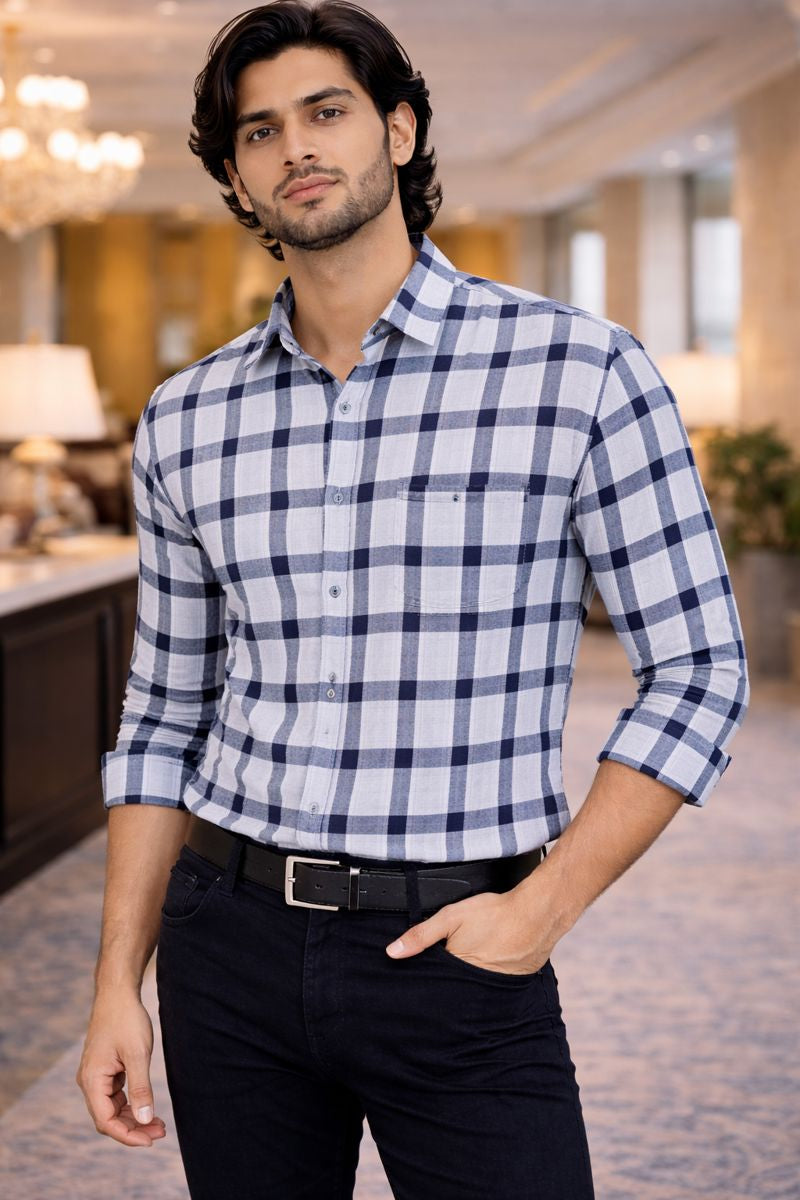 Men’s Navy & Off-White Checked Full Sleeve Shirt