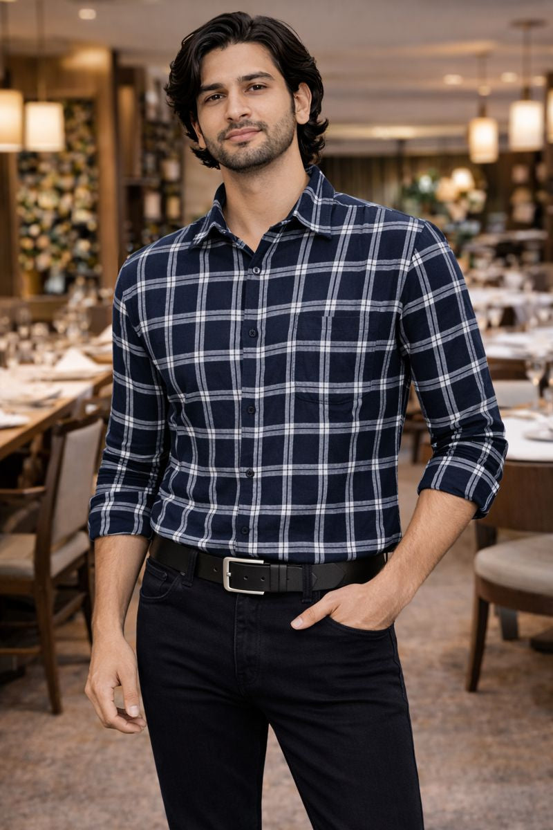 Men’s White & Navy Checked Full Sleeve Shirt