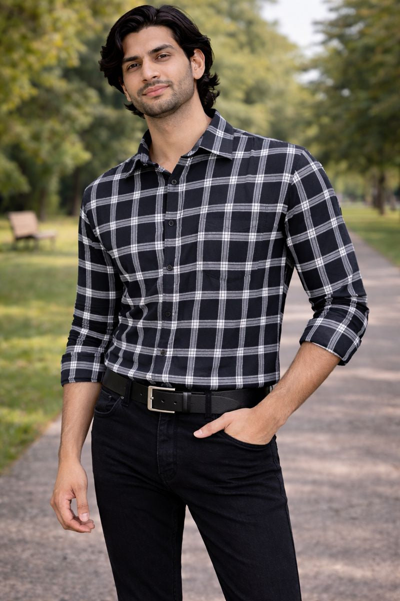 Men’s White & Black Checked Full Sleeve Shirt