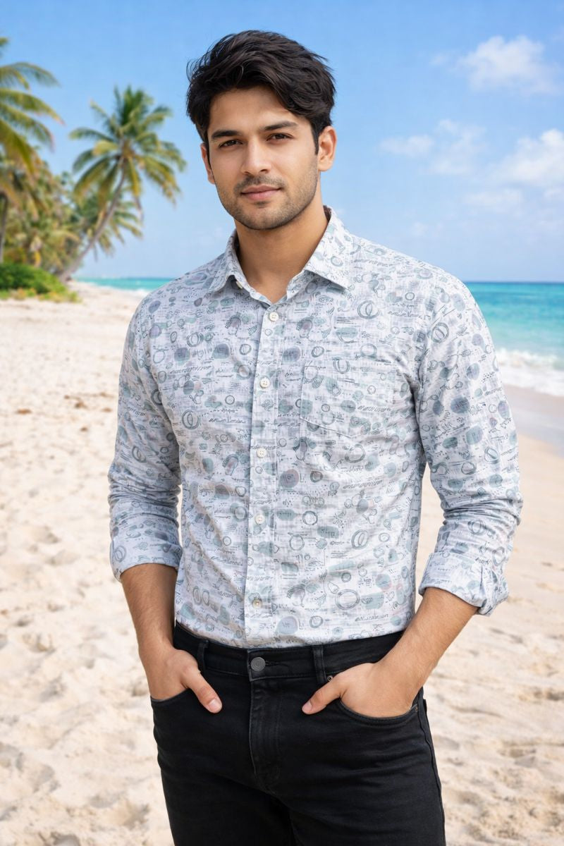 Men’s White & Grey Full Sleeve Printed Casual Shirt with Chest Pocket