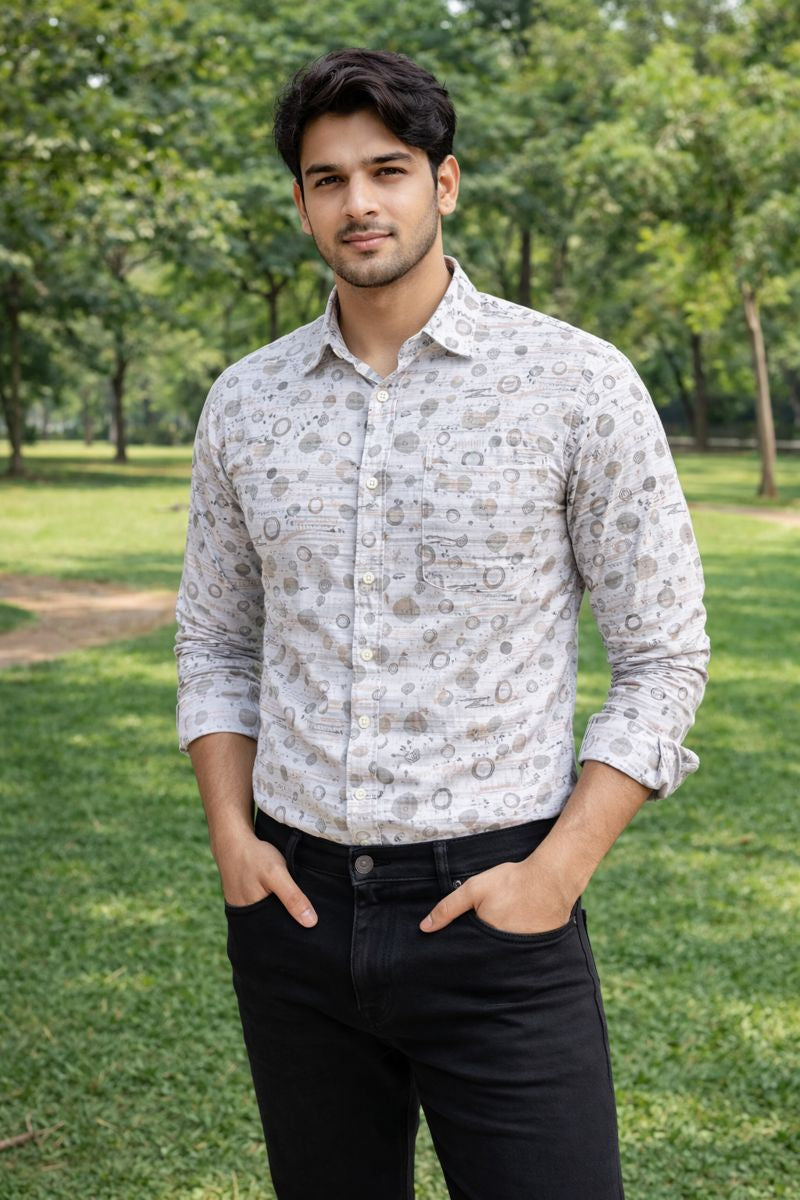 Men’s White & Brown Full Sleeve Printed Casual Shirt with Chest Pocket