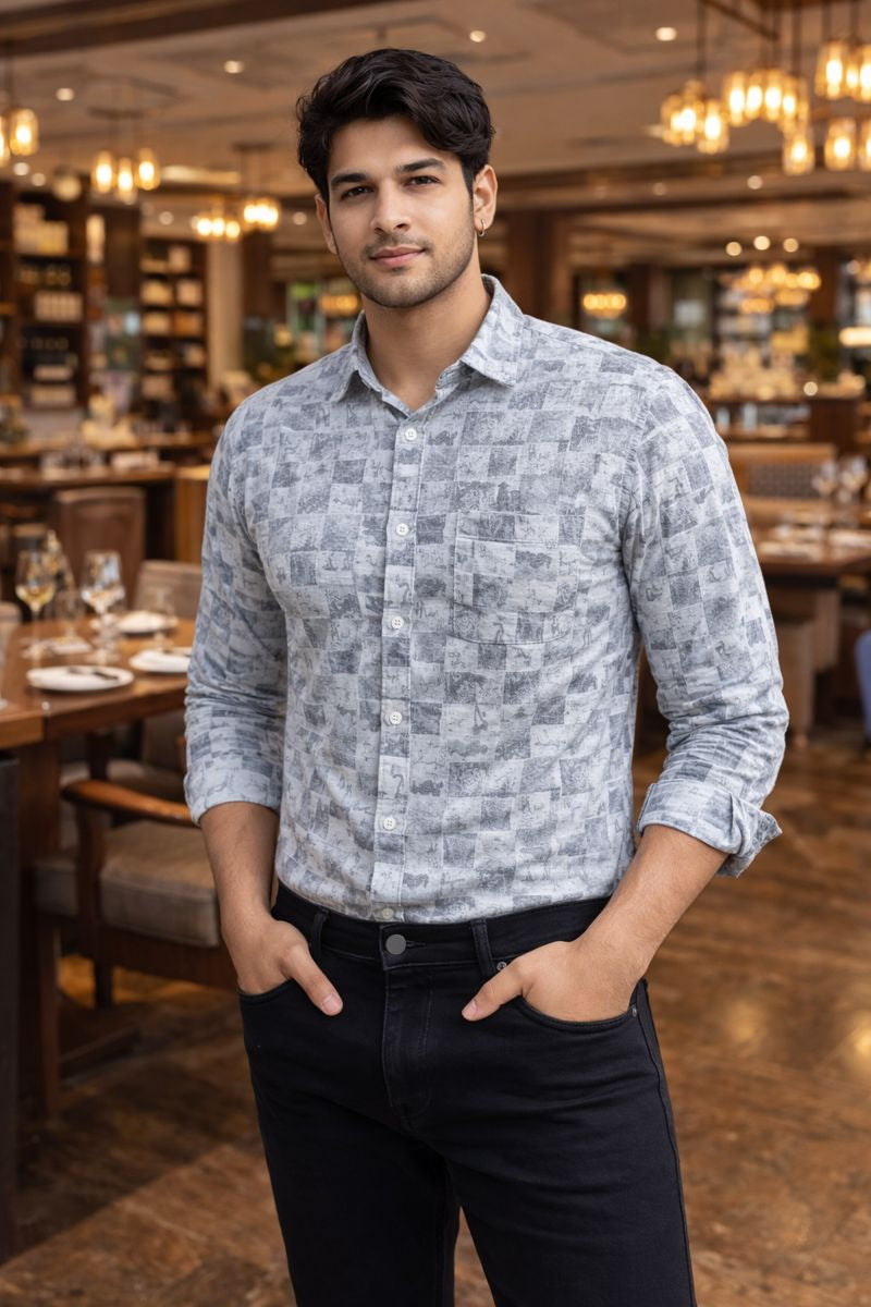 Men’s White & Ash Full Sleeve Printed Casual Shirt with Chest Pocket