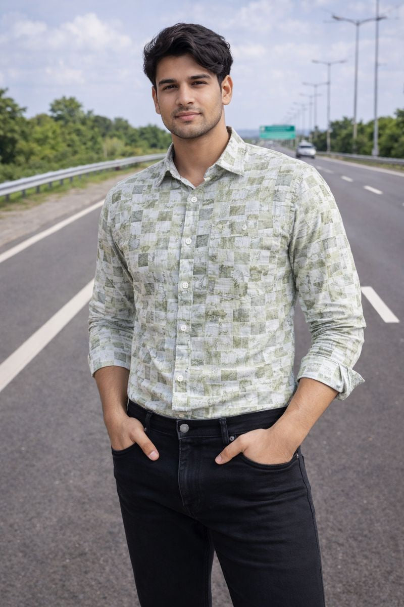 Men’s White & Dark Green Full Sleeve Printed Casual Shirt with Chest Pocket