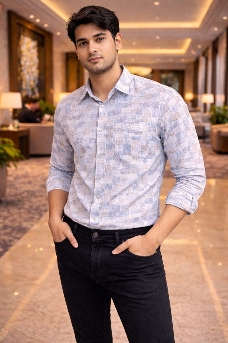 Men’s White & Purple Full Sleeve Printed Casual Shirt with Chest Pocket