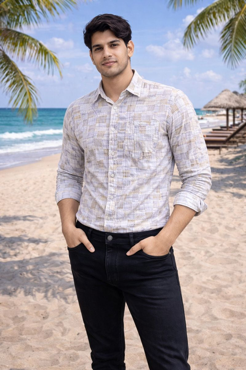 Men’s White & Yellow Full Sleeve Printed Casual Shirt with Chest Pocket