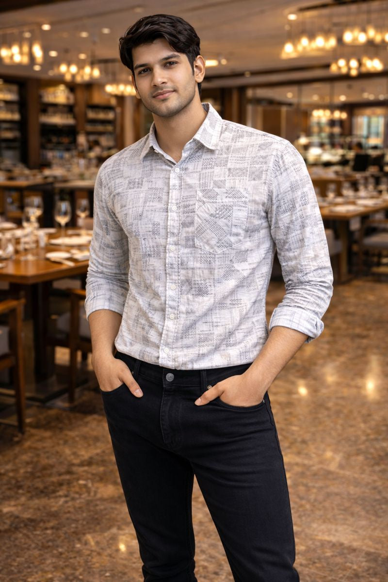 Men’s White & Blue Full Sleeve Printed Casual Shirt with Chest Pocket