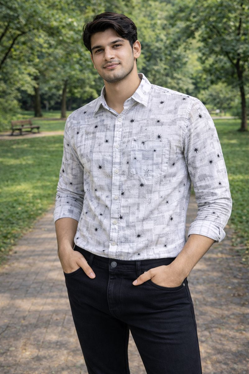 Men’s White & Black Full Sleeve Printed Casual Shirt with Chest Pocket
