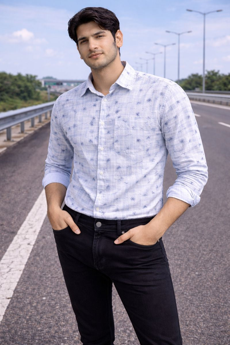 Men’s White & Dark Blue Full Sleeve Printed Casual Shirt with Chest Pocket