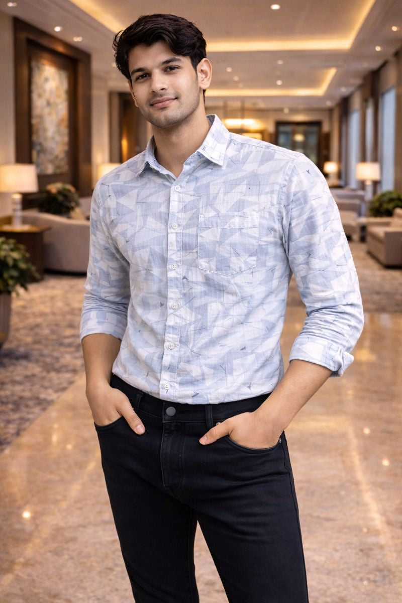 Men’s White & Sky Blue Full Sleeve Printed Casual Shirt with Chest Pocket