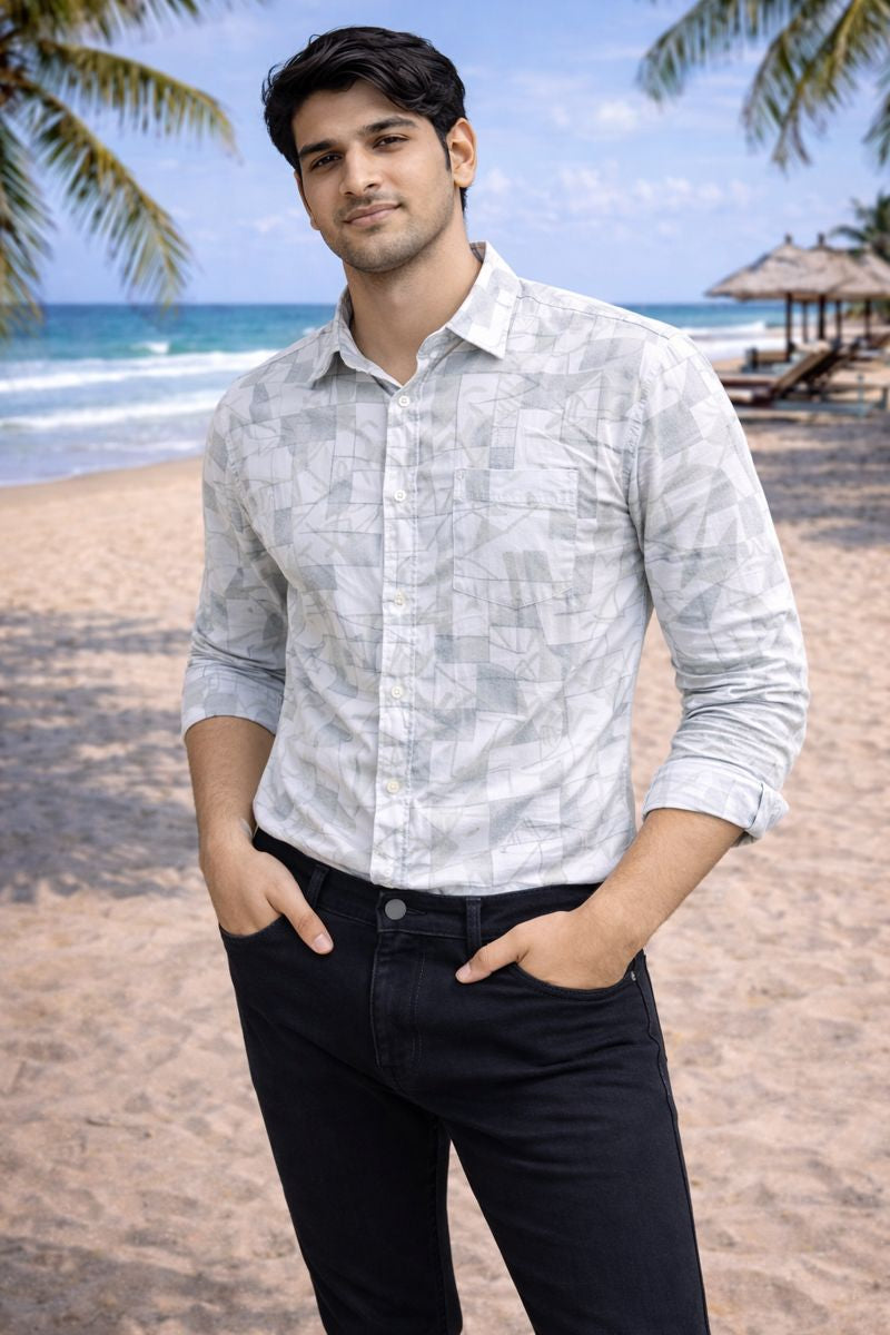 Men’s White & Green Full Sleeve Printed Casual Shirt with Chest Pocket