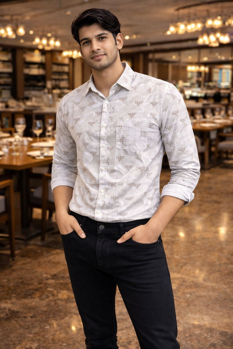 Men’s White & Brown Full Sleeve Printed Casual Shirt with Chest Pocket