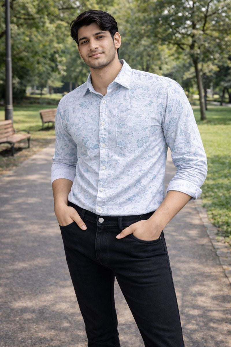 Men’s White & Sea Green Full Sleeve Printed Casual Shirt with Chest Pocket