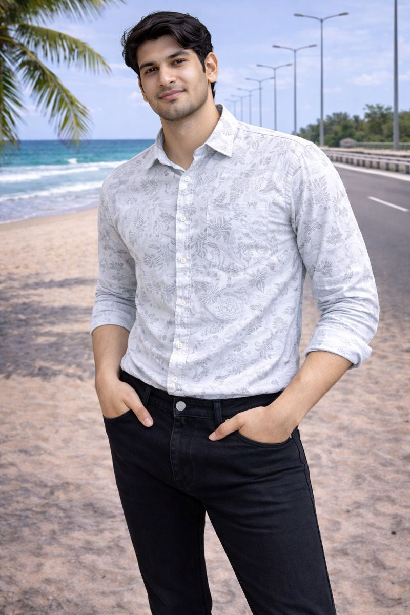 Men’s White & Light Maroon Full Sleeve Printed Casual Shirt with Chest Pocket