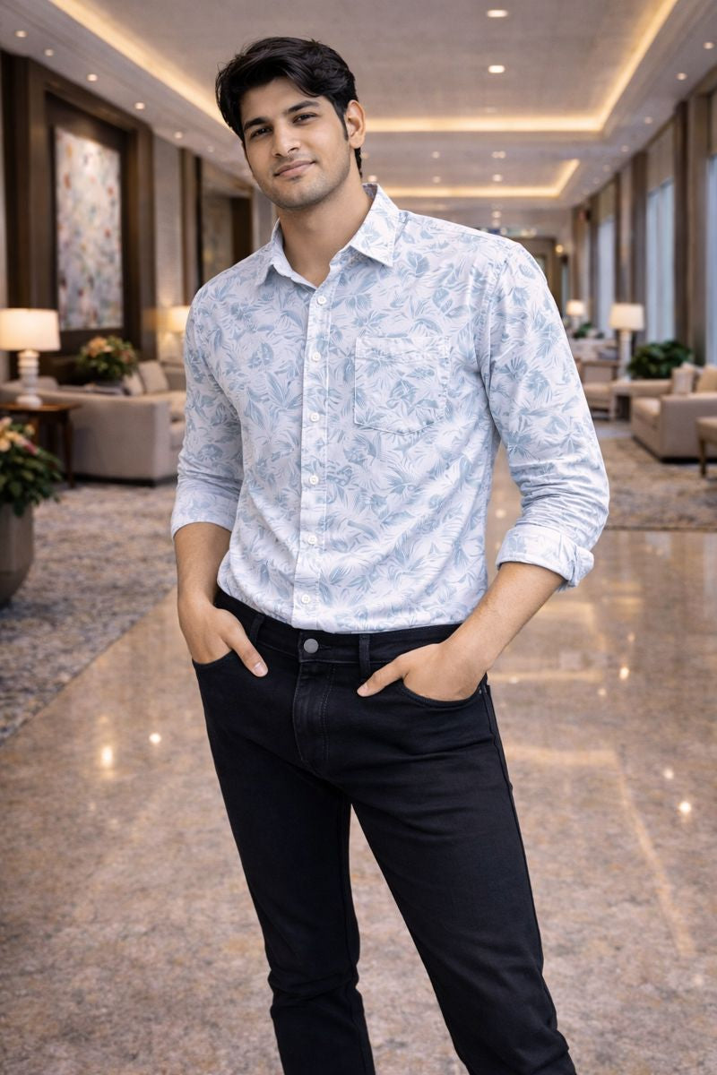 Men’s White & Greenish Blue Full Sleeve Printed Casual Shirt with Chest Pocket