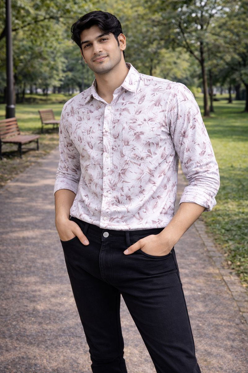 Men’s White & Maroon Full Sleeve Printed Casual Shirt with Chest Pocket