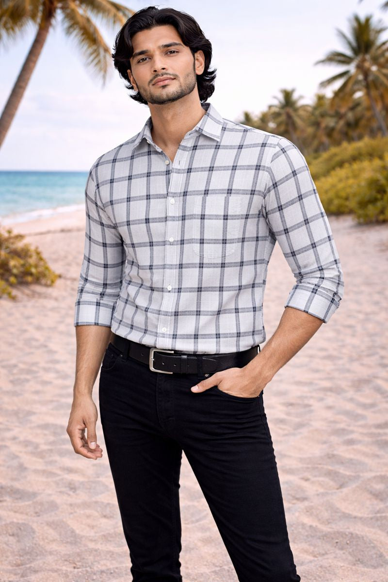 Men’s Off-White & Navy Checked Full Sleeve Shirt