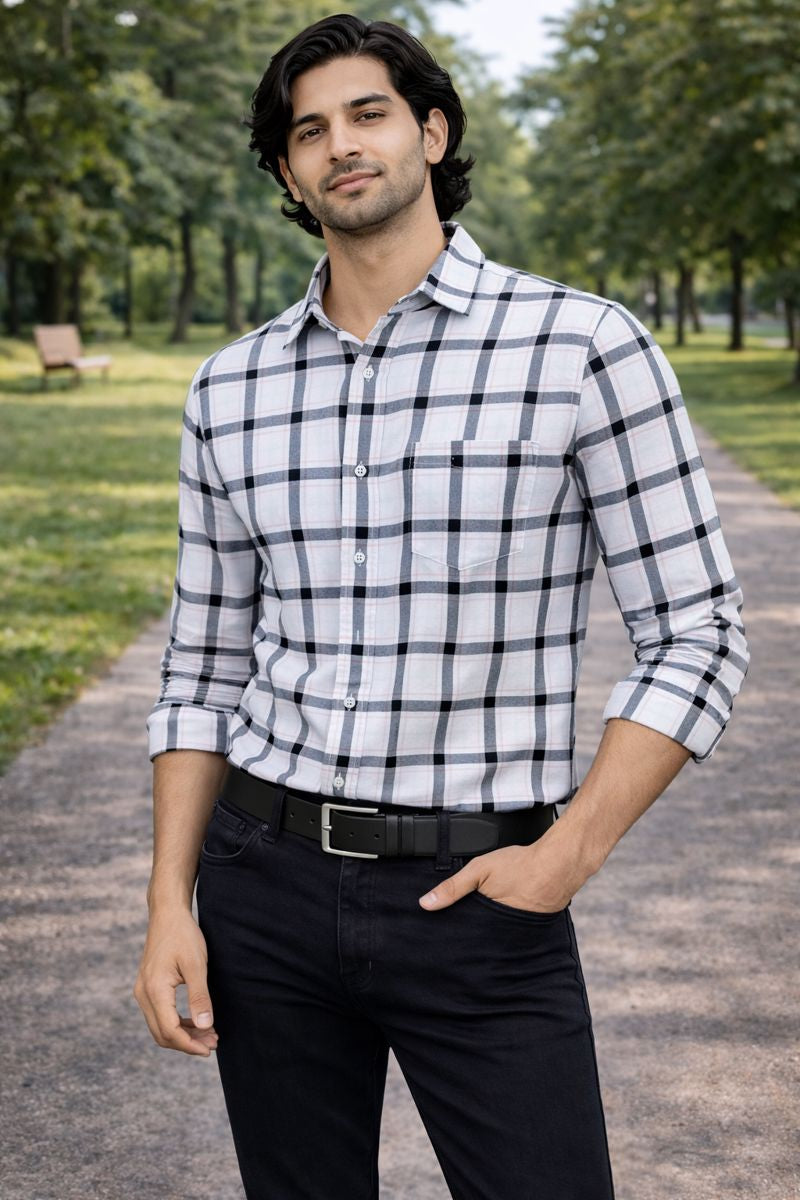 Men’s Navy & Orange Checked Full Sleeve Shirt