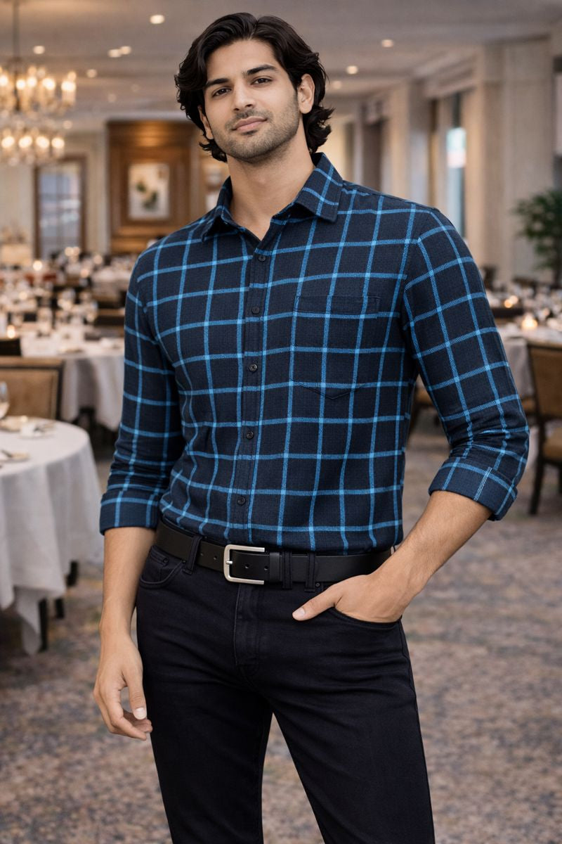 Men’s Ash & Sky Blue Checked Full Sleeve Shirt