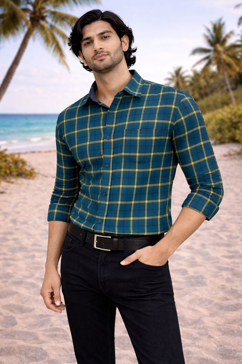 Men’s Greenish Blue & Yellow Checked Full Sleeve Shirt