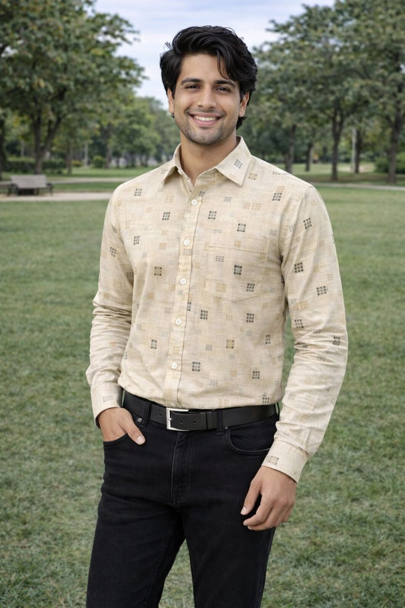 Men’s Brown Full Sleeve Printed Shirt with Pocket