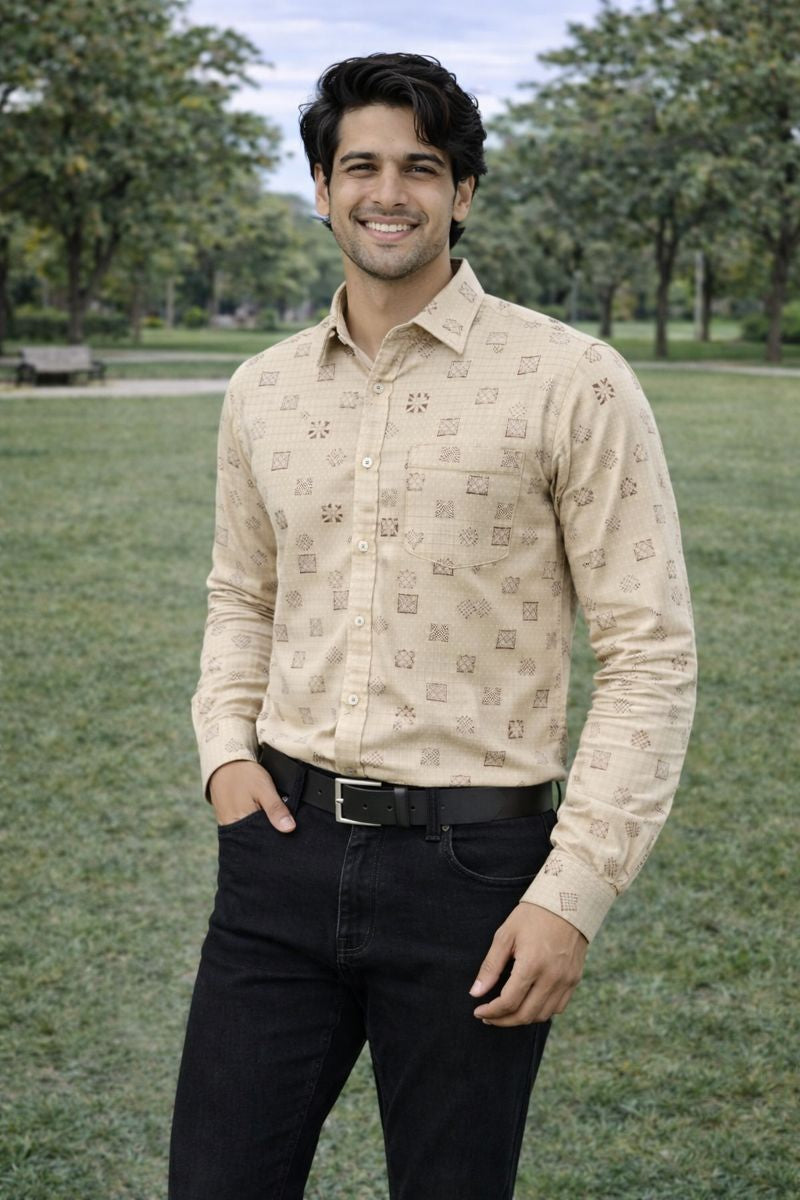 Men’s Brown Printed Full Sleeve Shirt with Pocket